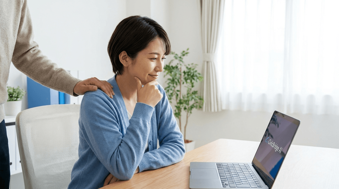 Person seated at a laptop beginning a guided support session